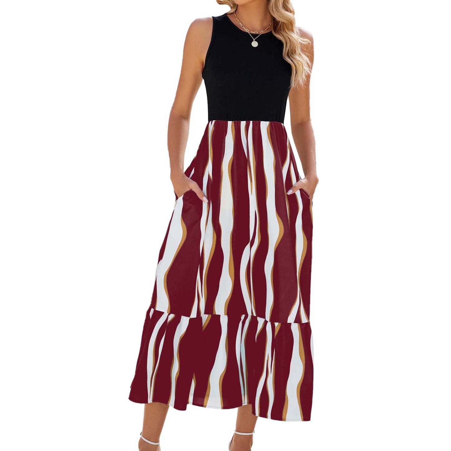 Sleeveless Long Dress-Fashion Striped Print