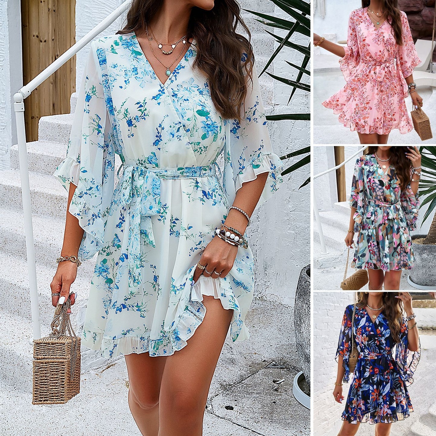 Elegant Printed Lace-Up Dress