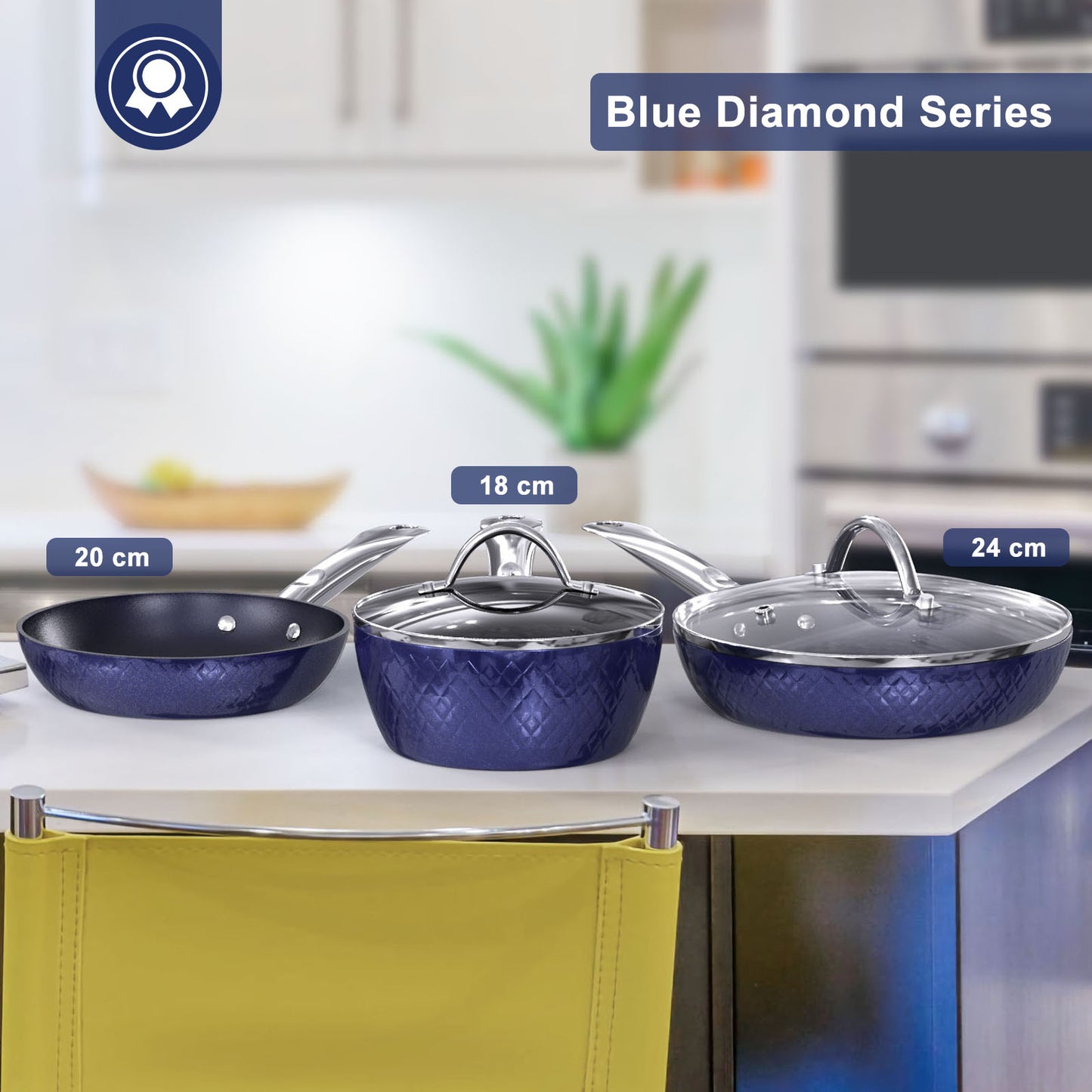 3Pc Blue 3D Diamond Cookware Non-Stick Frying Pan Sets