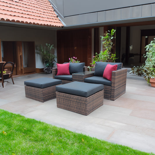 5 Piece Outdoor Patio Garden Brown Wicker Sectional Conversation Sofa Set