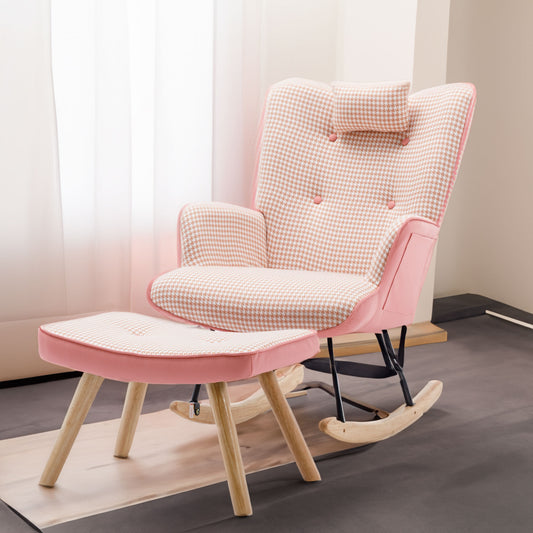 35.5 inch Rocking Chair Soft Houndstooth Fabric Leather Fabric Rocking Chair for Nursery (pink)