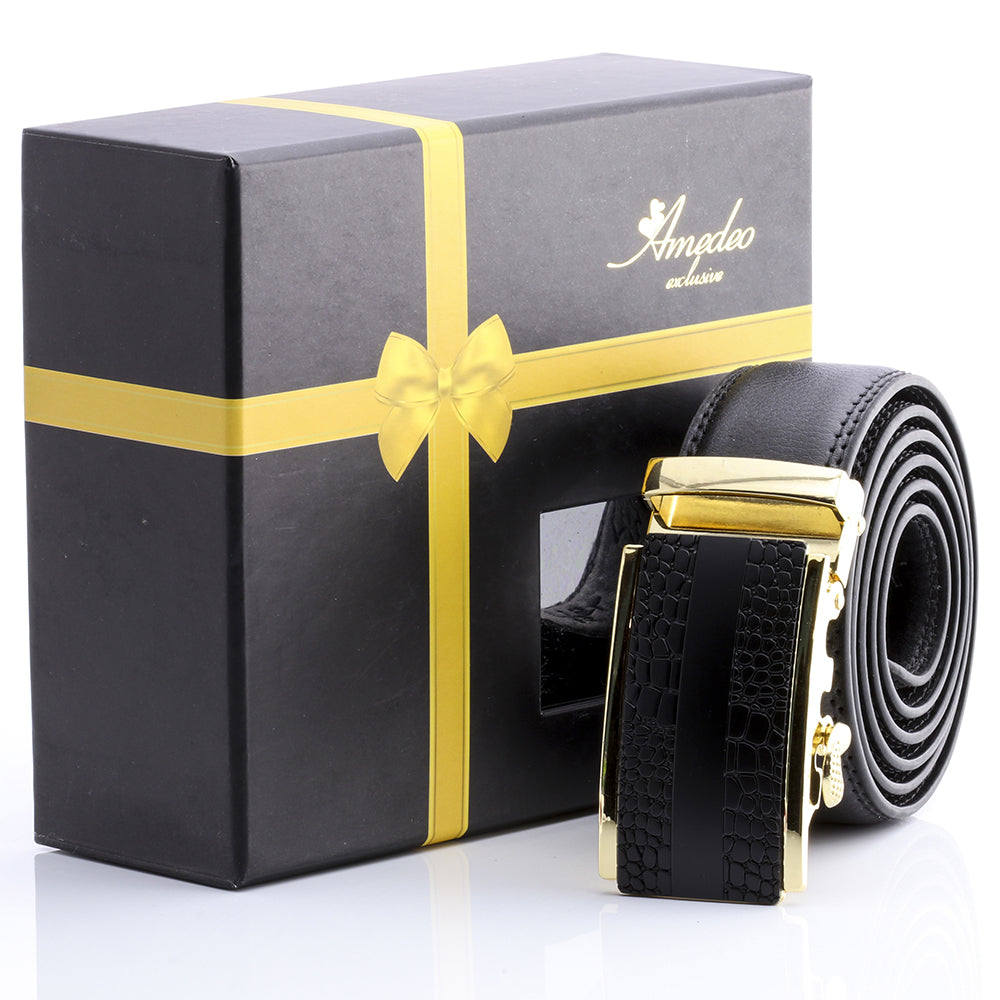 Men's Smart Ratchet No Holes Automatic Buckle Belt in Gold & Black