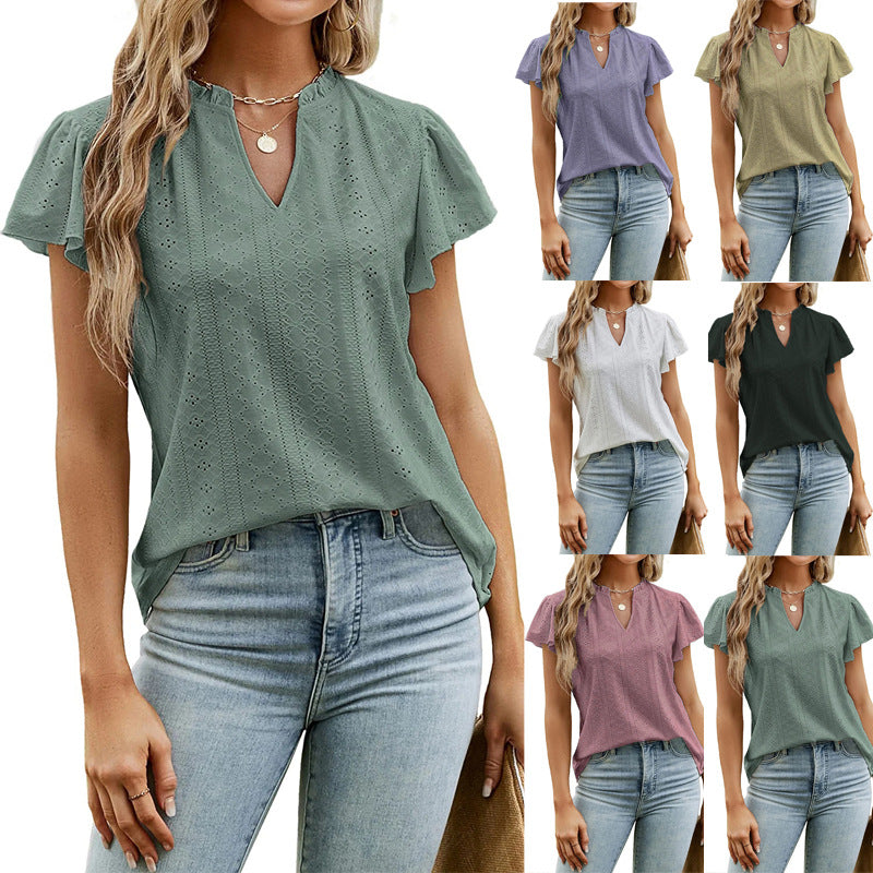 Jacquard V-Neck T-Shirt with Puff Sleeves