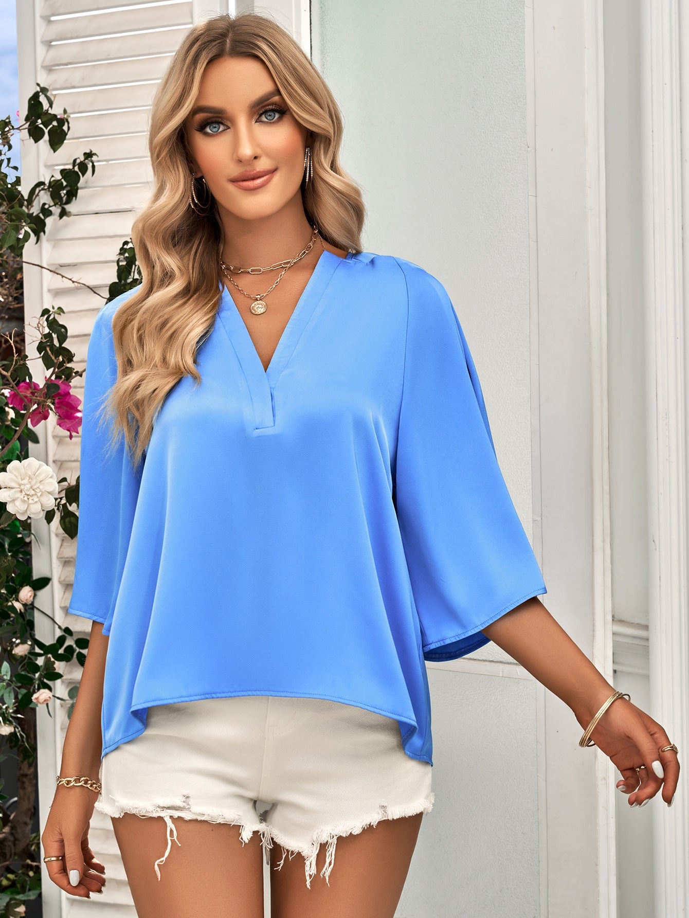 Casual Loose V-neck Top with Half Sleeve