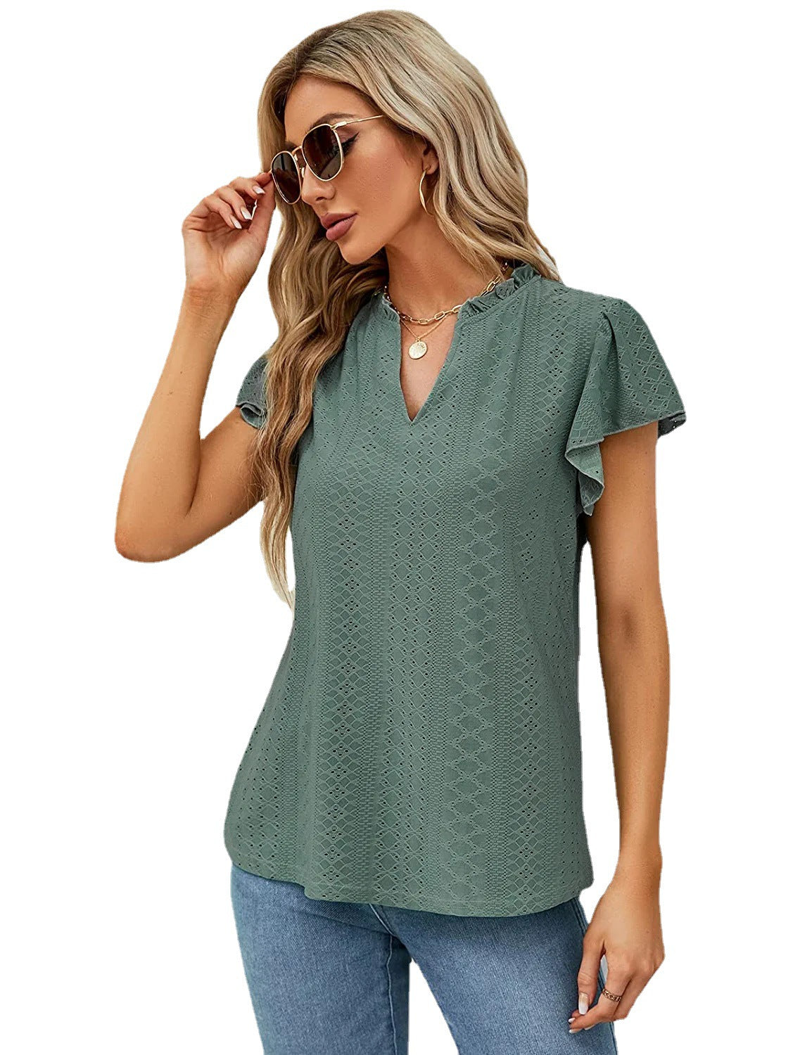 Jacquard V-Neck T-Shirt with Puff Sleeves