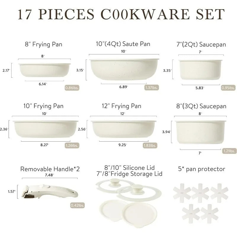 Carote 17pc Cookware Set with Detachable Handles - Rapid Heating Induction Design