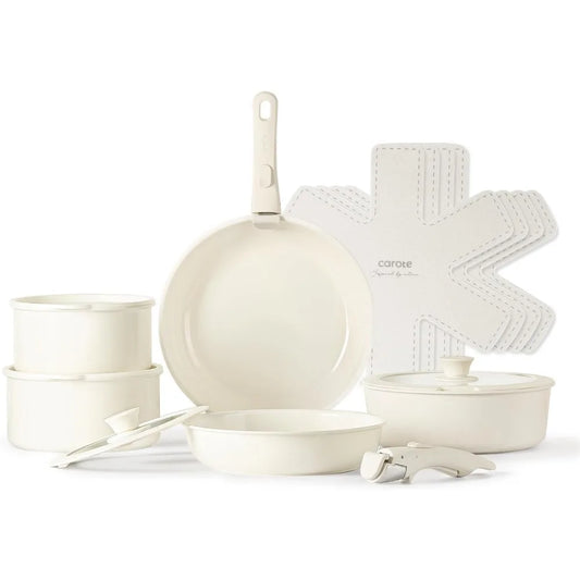 CAROTE 15pcs Pots and Pans Cookware Set w/ Detachable Handle, Induction Nonstick Kitchen Cookware Sets