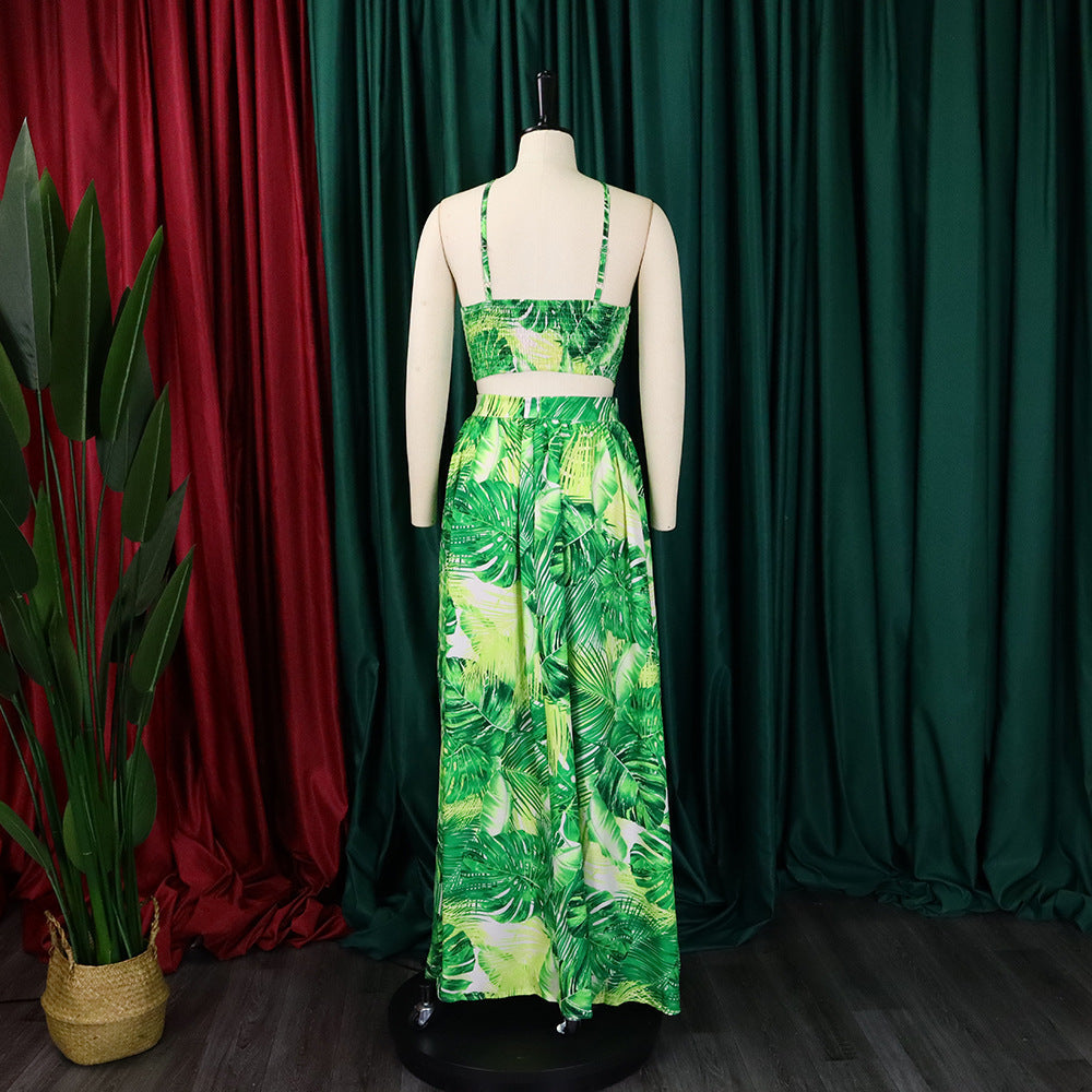 2 Pc Tropical Printed Sleeveless Halter Top & Skirt Set