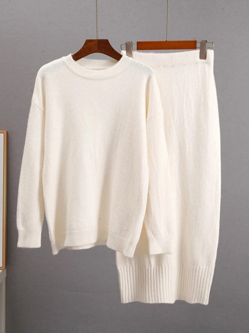 White Sweater Skirt Long Sleeve Cardigan Skirts Suit