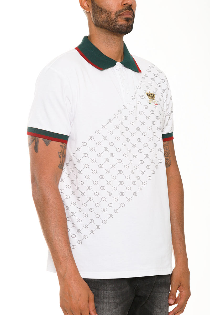 Italian Print Collared Polo Shirt - White