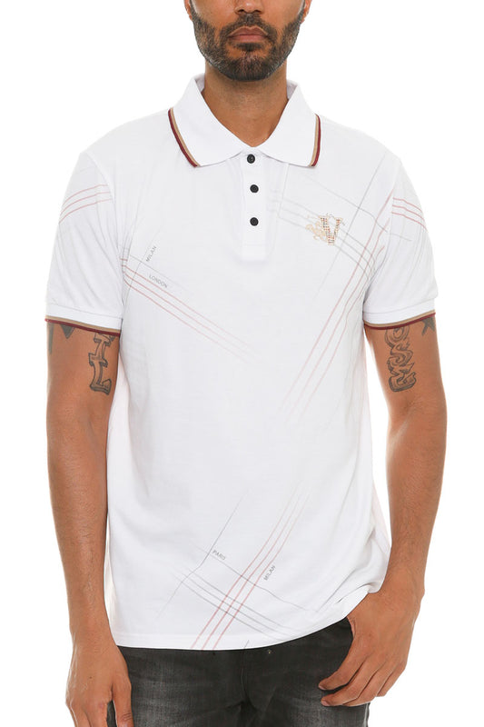 Italian Print Collared Polo Shirt - White Collar