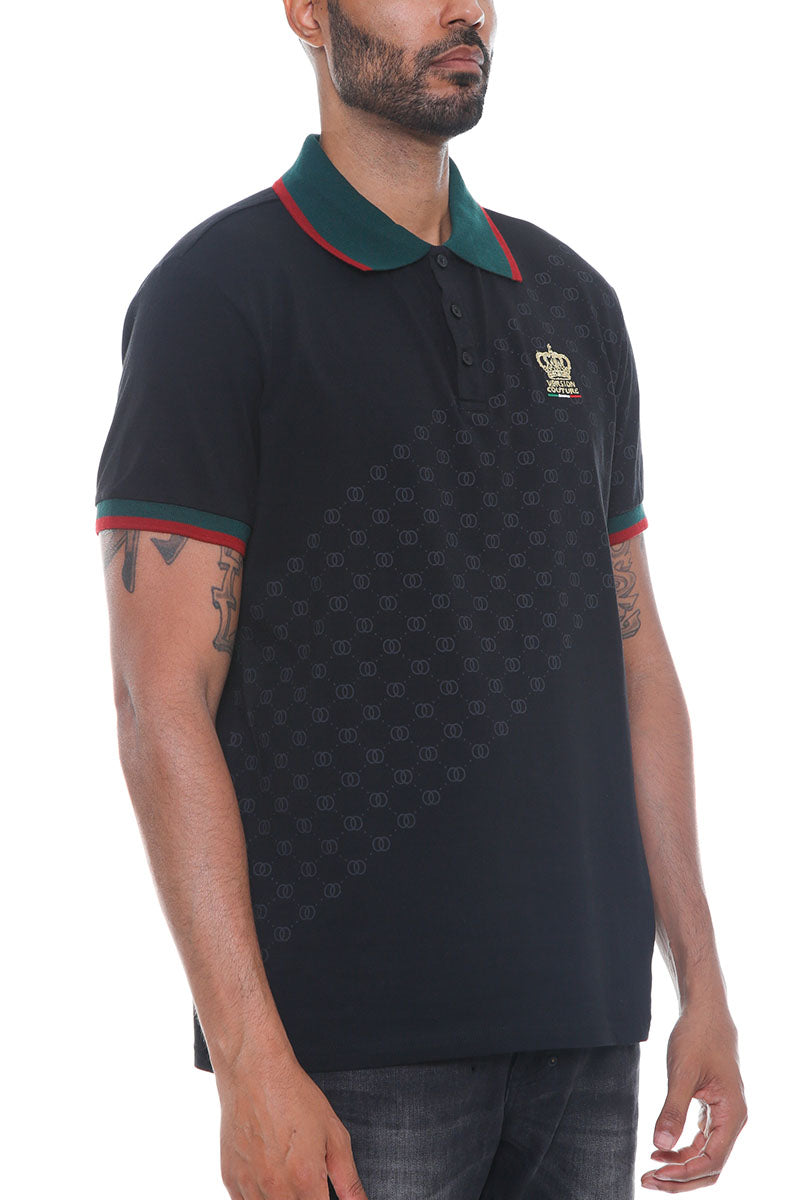 Italian Print Collared Polo Shirt - Black