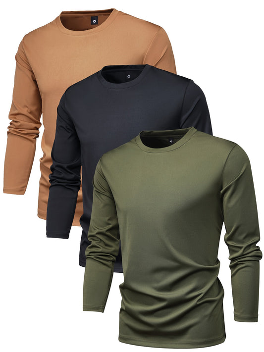 Crew Neck Long Sleeve Active T-Shirts for Men (Set of 3)