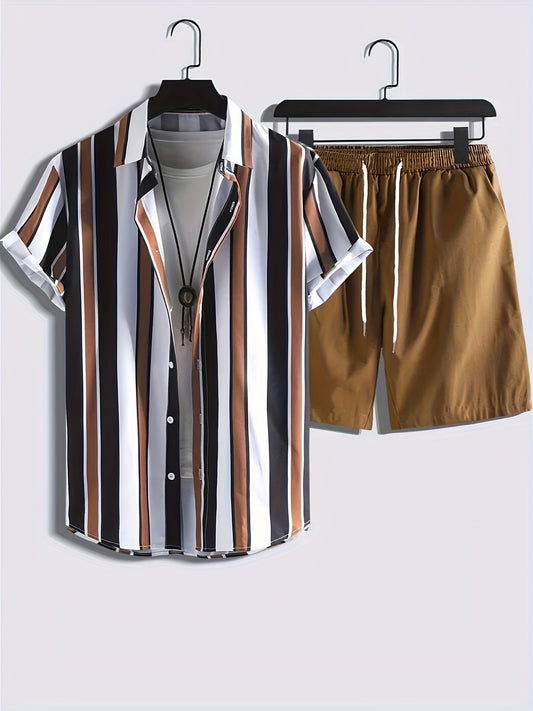 Stripe Pattern Color Block Shirt & Shorts Set