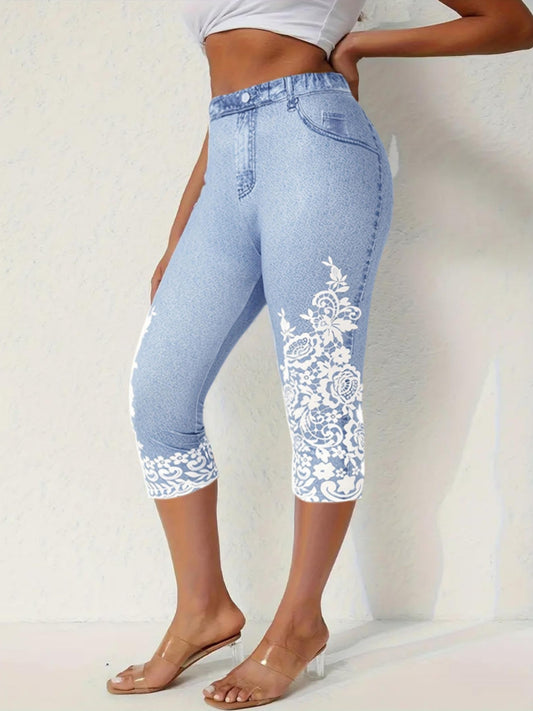Stylish Plus Size Denim and Floral Print Capri Leggings for Women