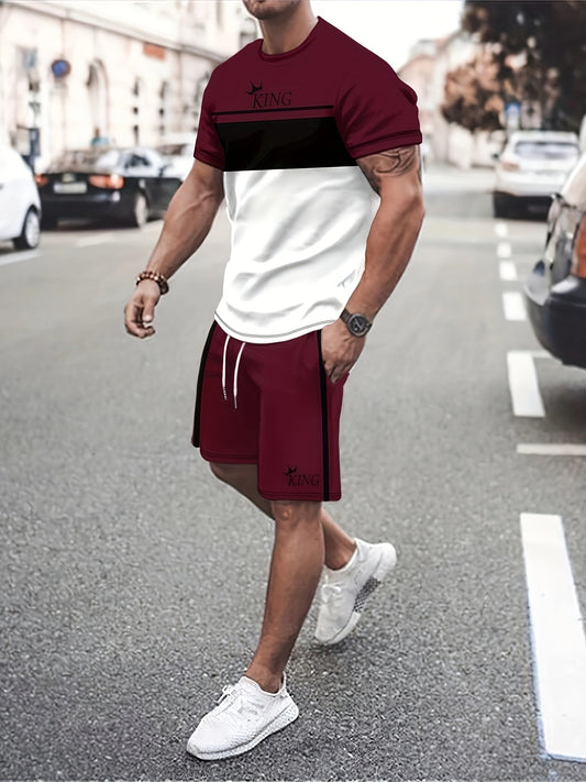 2-Piece Color Block Men's Casual T-Shirt & Shorts Set