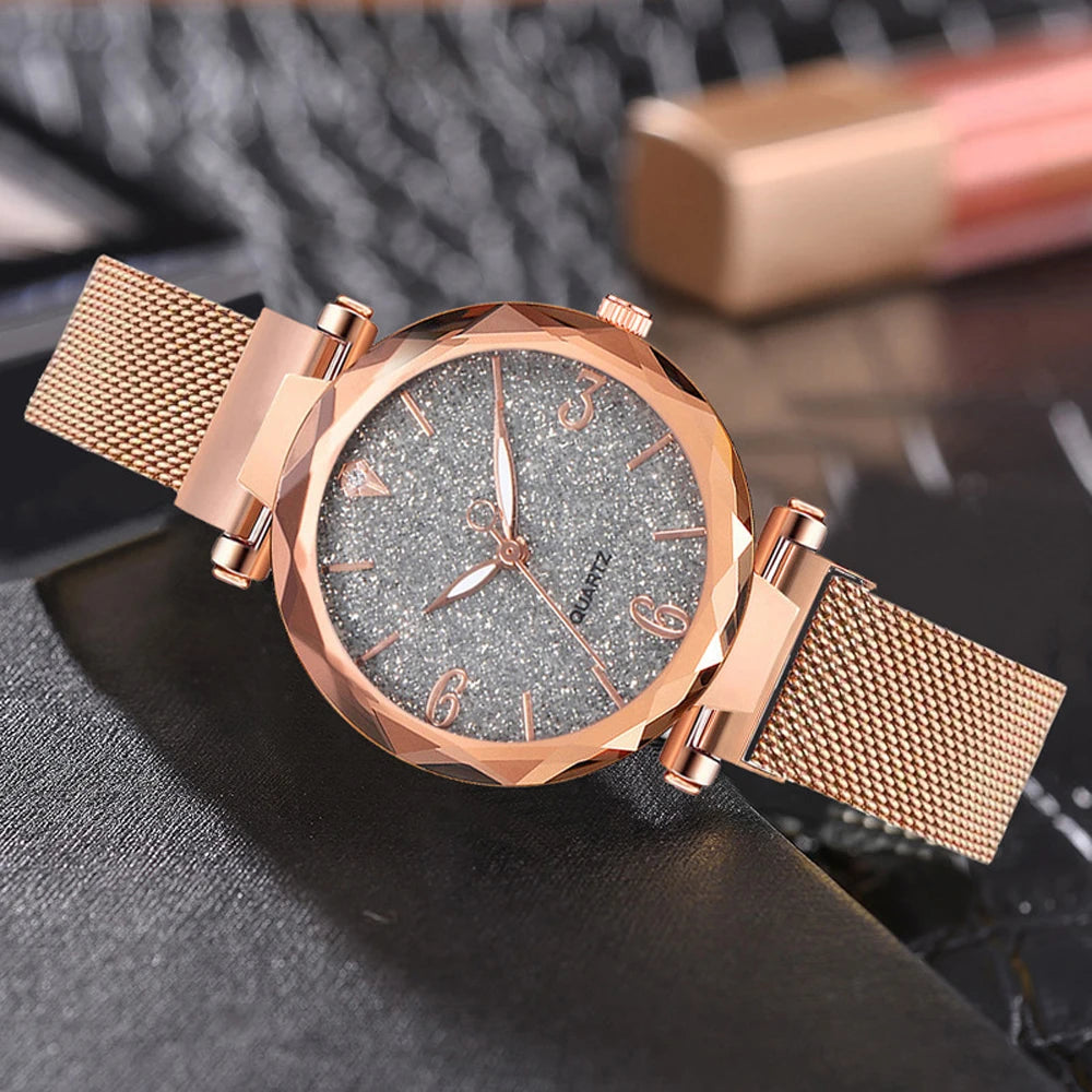 Rose Gold  Magnetic Starry Sky Lady Wrist Watch