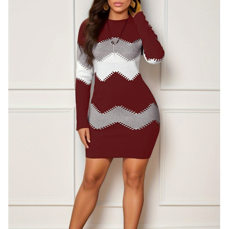 Long Sleeve Printed Knitted Sheath Dress