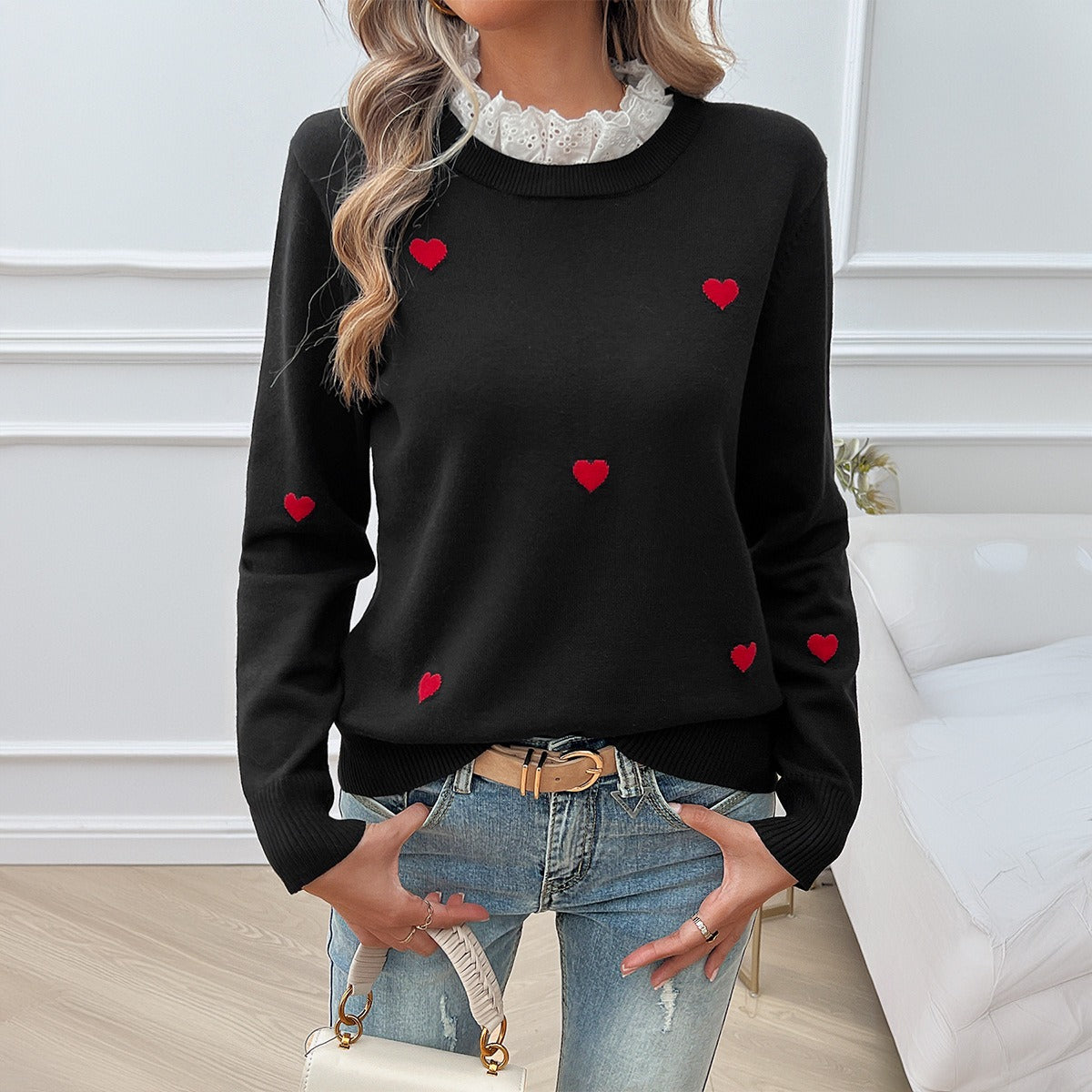 Women's Temperament, Casual Embroidery, Heart Long Sleeved Sweater