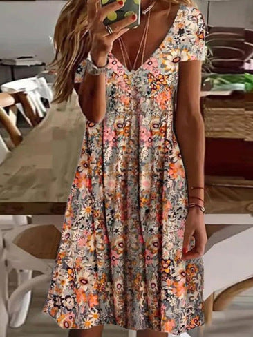 Printed V-neck Mini Dress