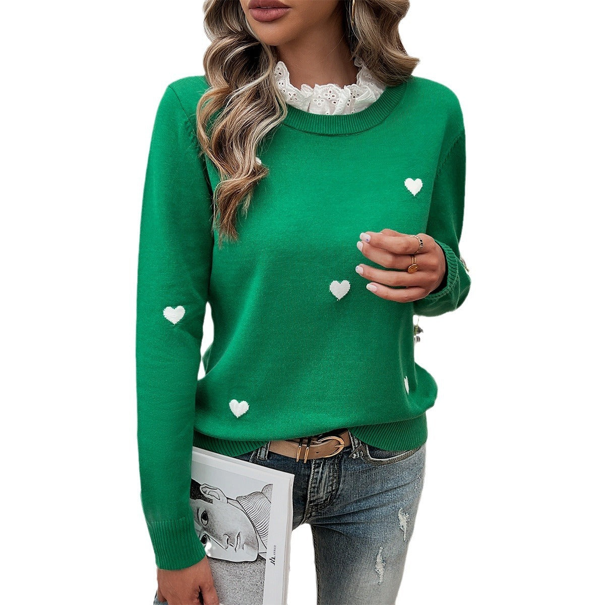 Women's Temperament, Casual Embroidery, Heart Long Sleeved Sweater