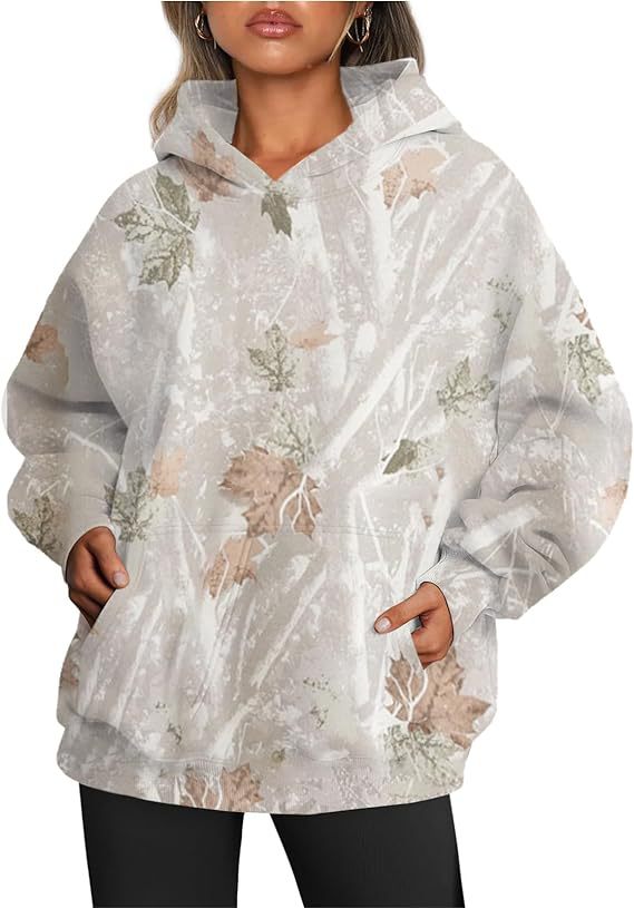 Oversized Camouflage Maple Leaf Print Sports Hoodie With Pockets