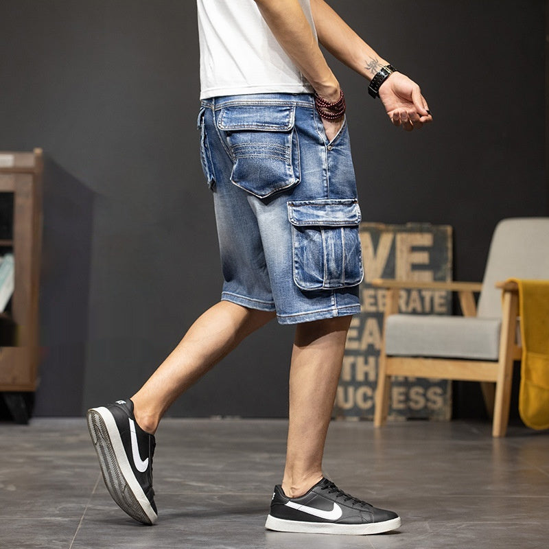 Multi-Pocket Workwear Five Points Denim Shorts Men