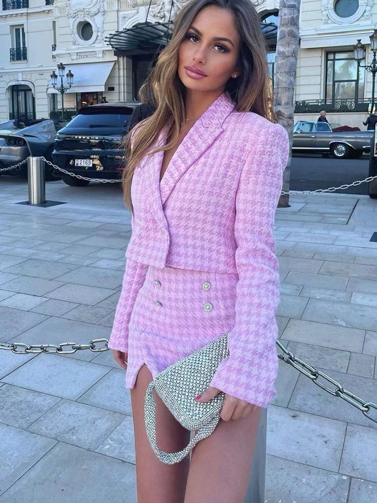 Houndstooth Textures Leisure Blazer Coat Long Sleeve Female