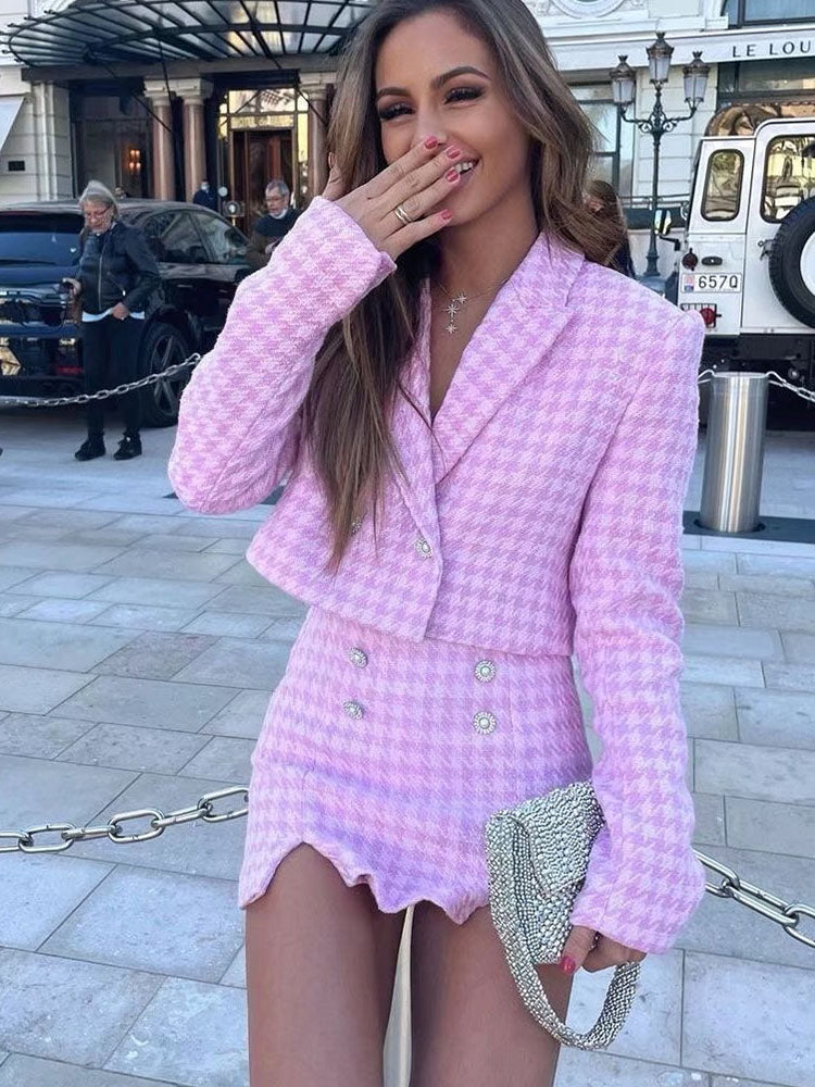 Houndstooth Textures Leisure Blazer Coat Long Sleeve Female