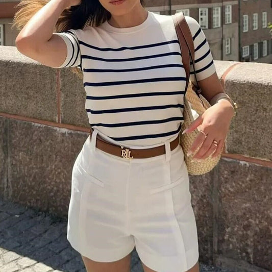 Summer  Knitting Striped Crew Collar Sweater Vintage Short Sleeve