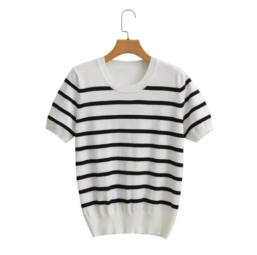 Summer  Knitting Striped Crew Collar Sweater Vintage Short Sleeve