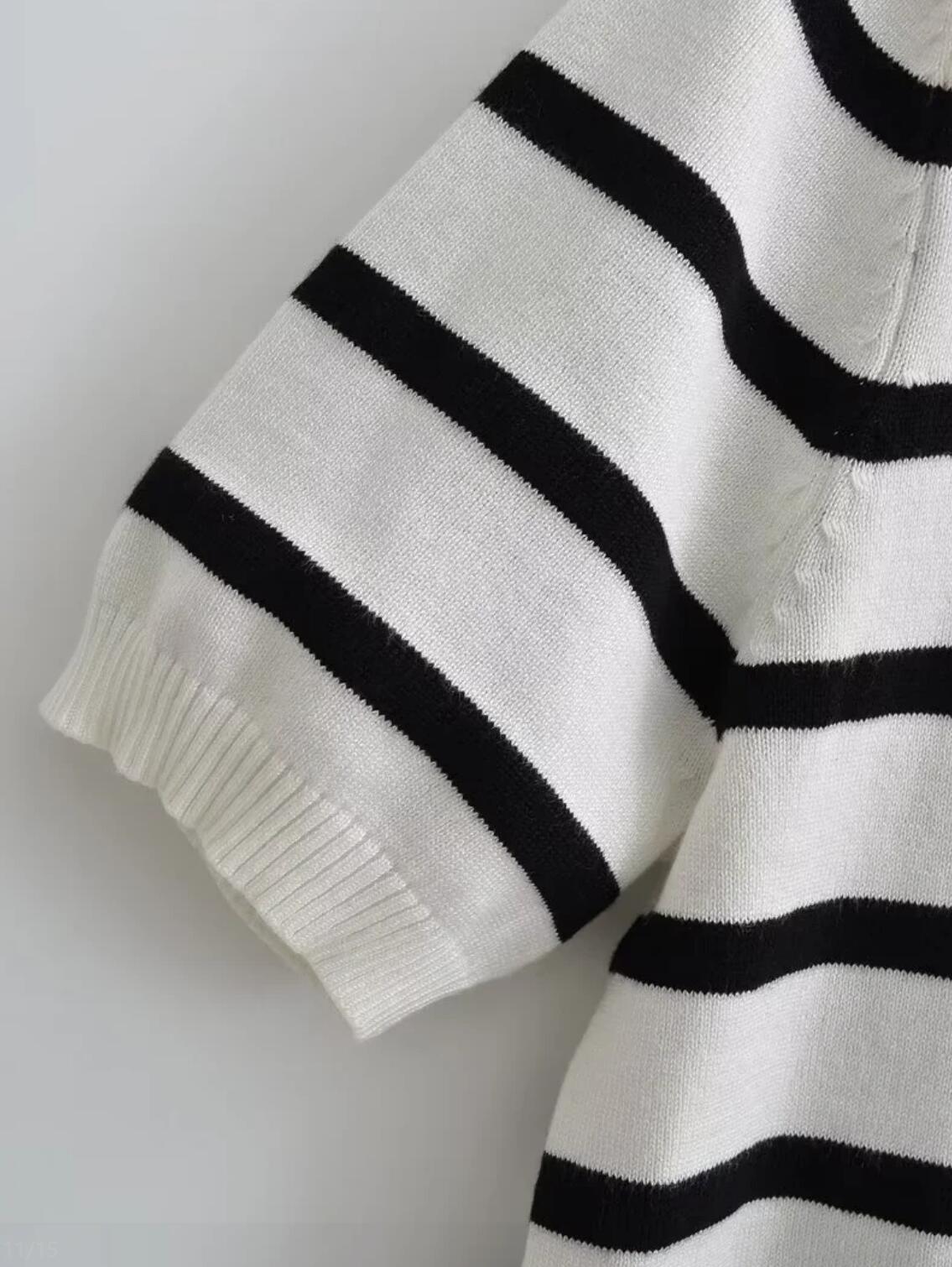 Summer  Knitting Striped Crew Collar Sweater Vintage Short Sleeve