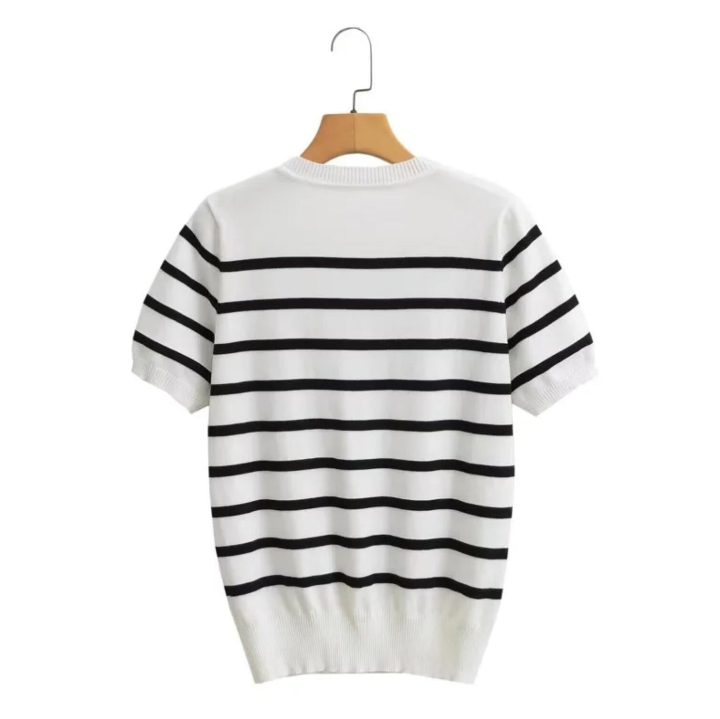 Summer  Knitting Striped Crew Collar Sweater Vintage Short Sleeve