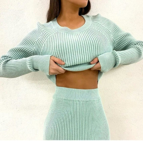 Knitted Top And High Waist Skirt Two-Piece Set