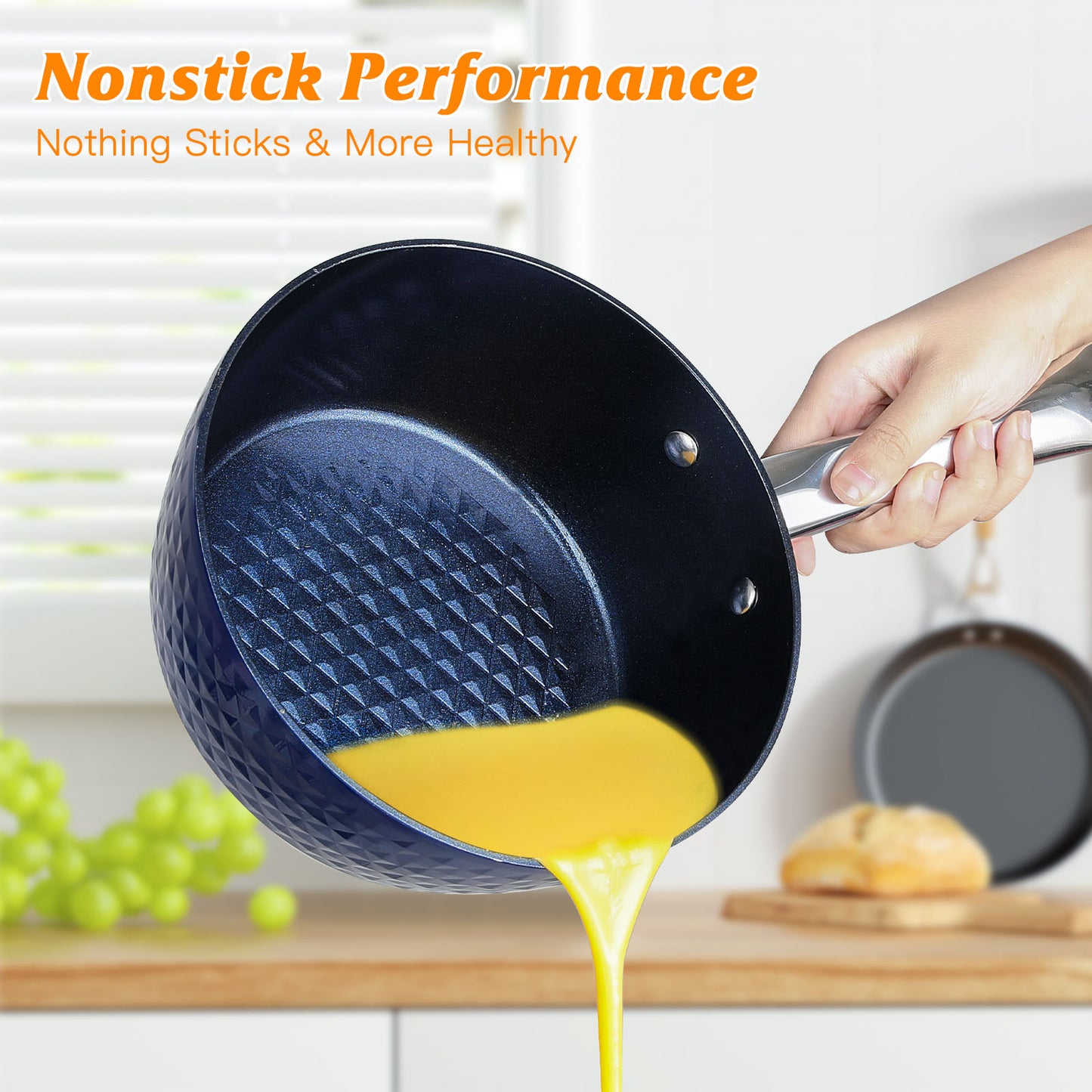 3Pc Blue 3D Diamond Cookware Non-Stick Frying Pan Sets