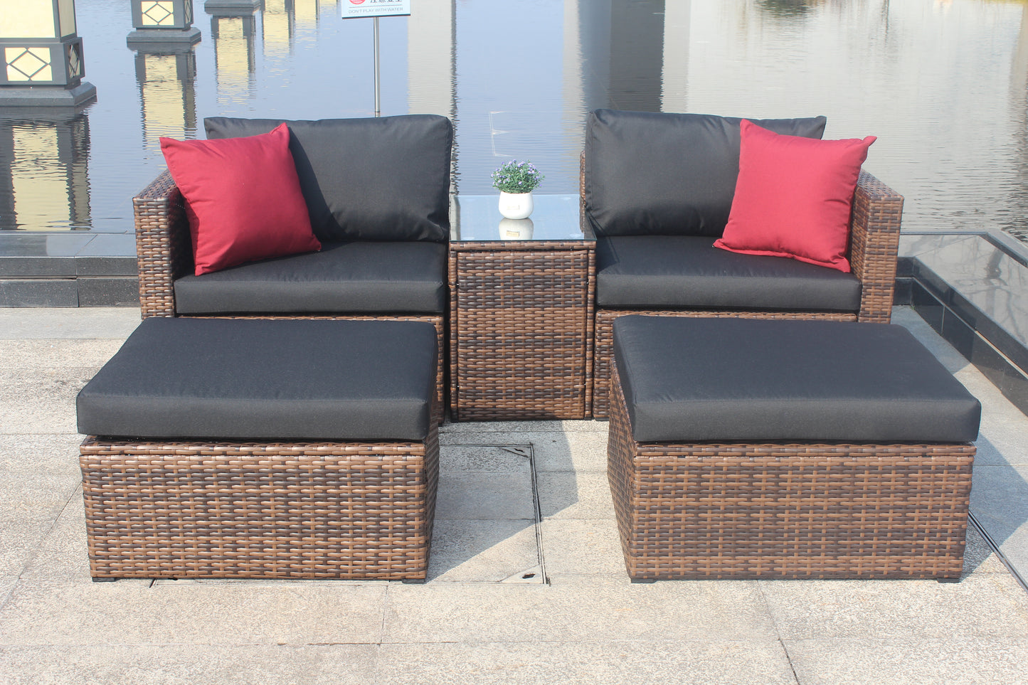 5 Piece Outdoor Patio Garden Brown Wicker Sectional Conversation Sofa Set