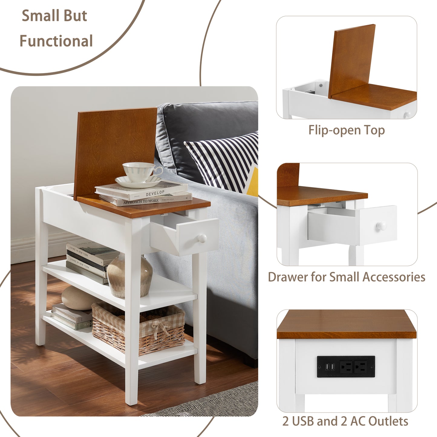 Narrow 2-Tone End Table with USB Charging Ports