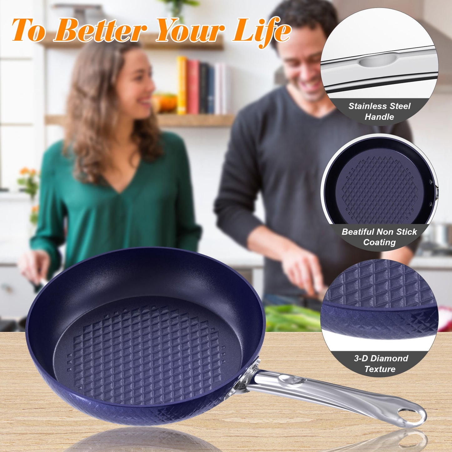 3Pc Blue 3D Diamond Cookware Non-Stick Frying Pan Sets