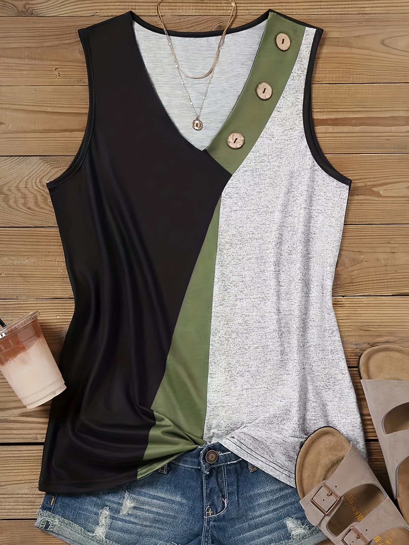 Women's Color Block Button Tank Top