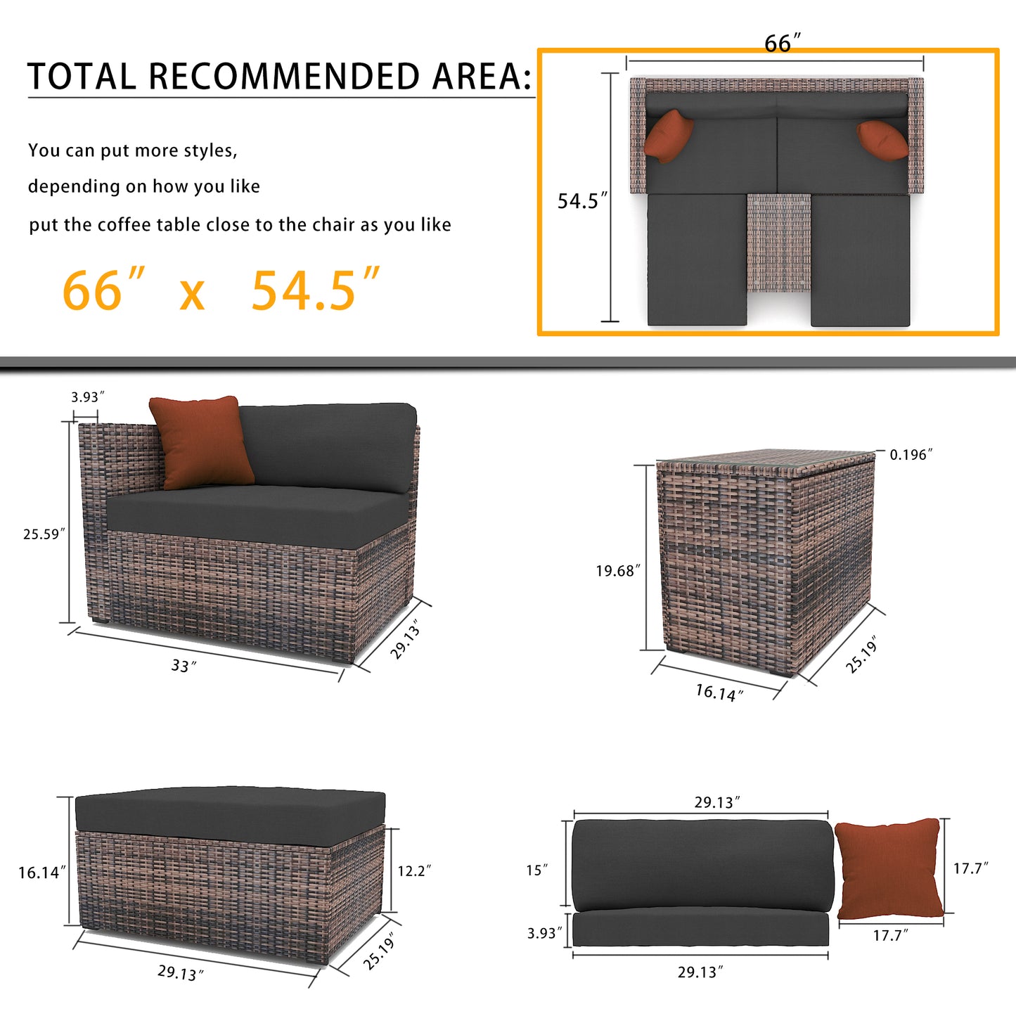 5 Piece Outdoor Patio Garden Brown Wicker Sectional Conversation Sofa Set