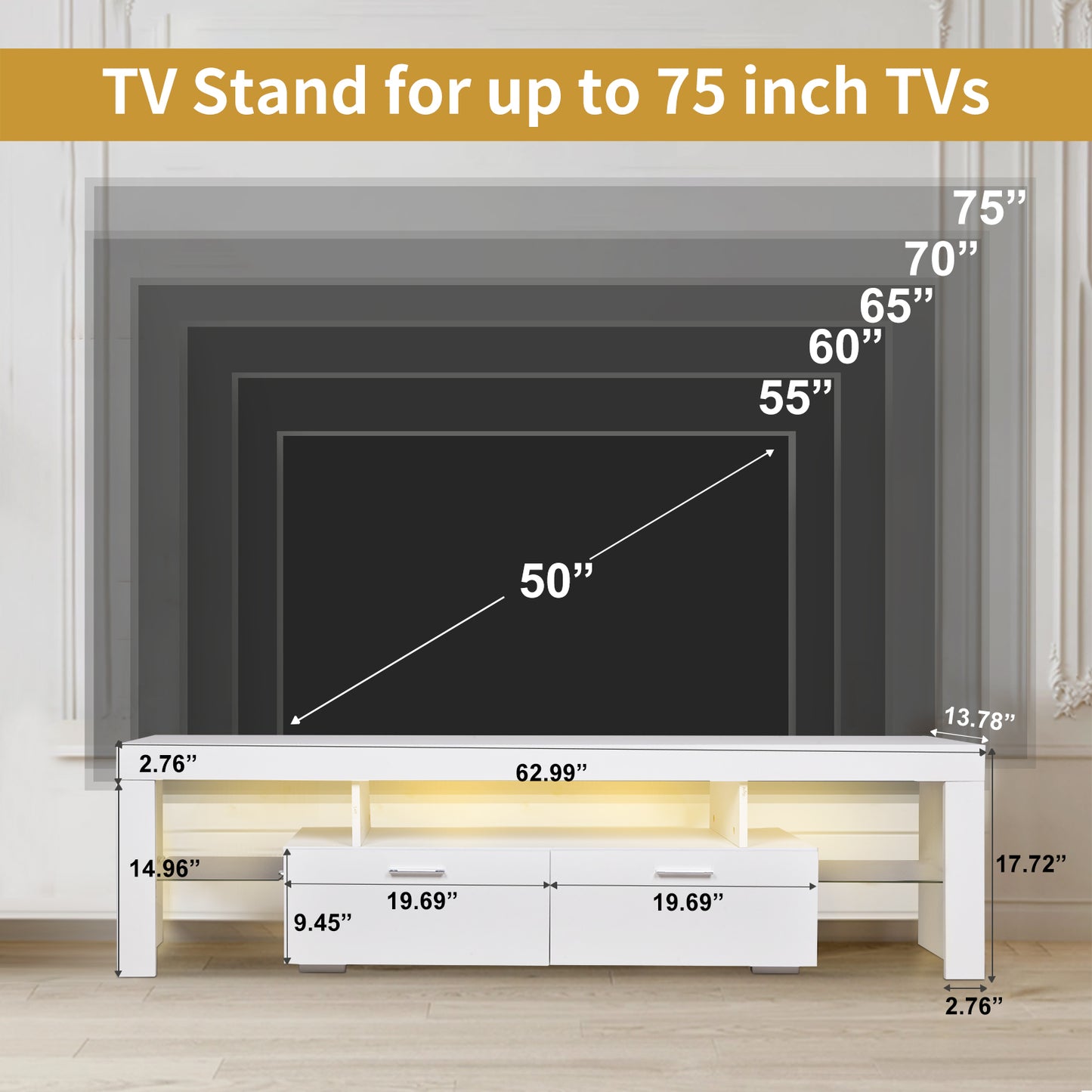 Modern LED Entertainment Center With Cabinet for Up to 75 inch TV