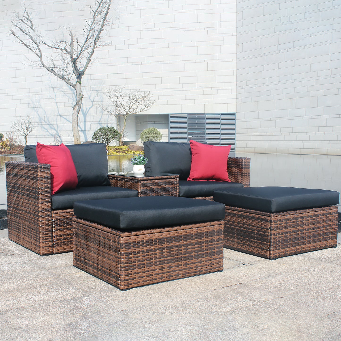 5 Piece Outdoor Patio Garden Brown Wicker Sectional Conversation Sofa Set