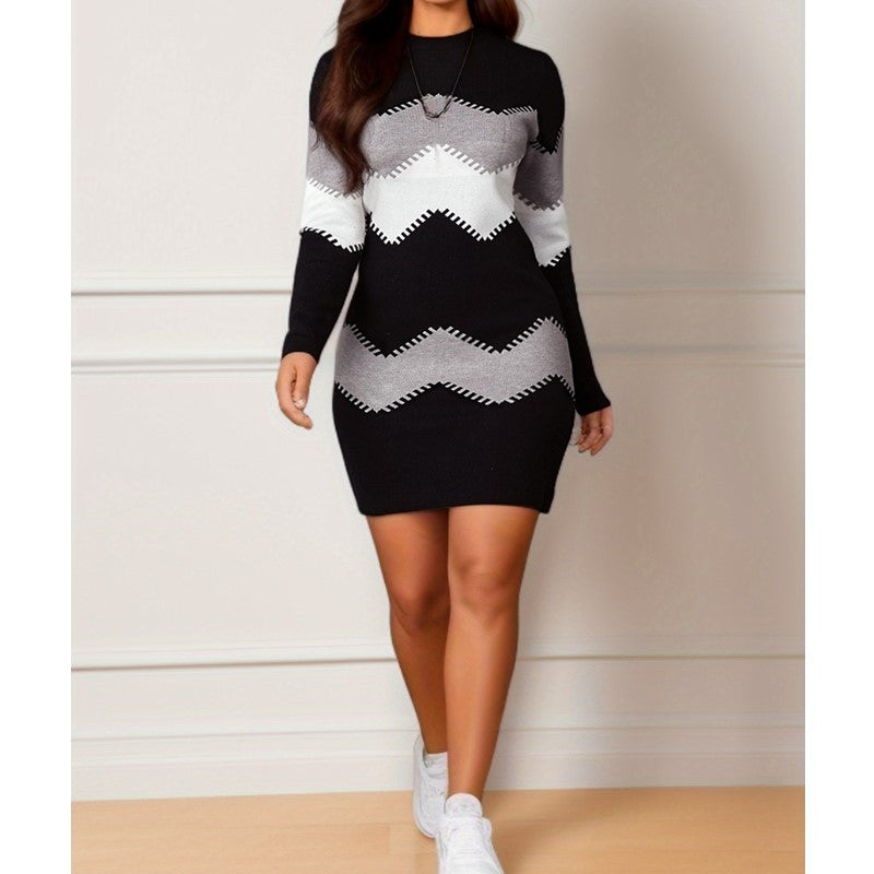 Long Sleeve Printed Knitted Sheath Dress