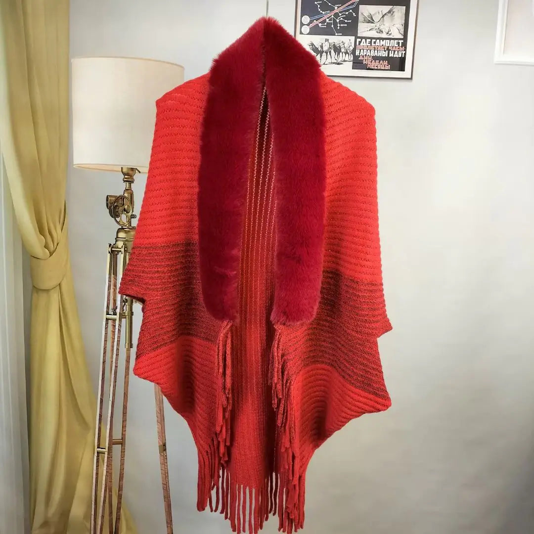 Knitted Fringed Fur-Neck Shawl