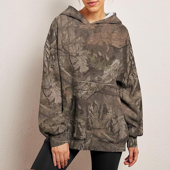 Oversized Camouflage Maple Leaf Print Sports Hoodie With Pockets