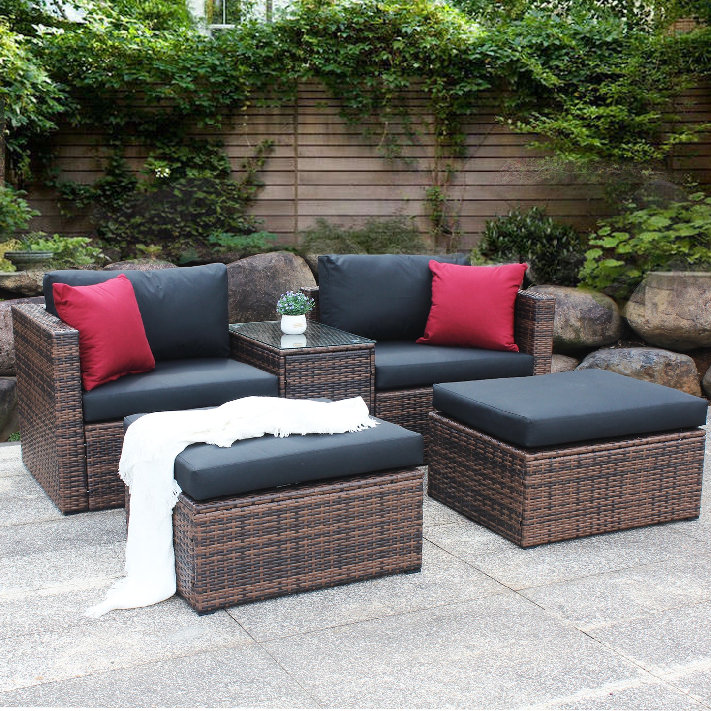 5 Piece Outdoor Patio Garden Brown Wicker Sectional Conversation Sofa Set