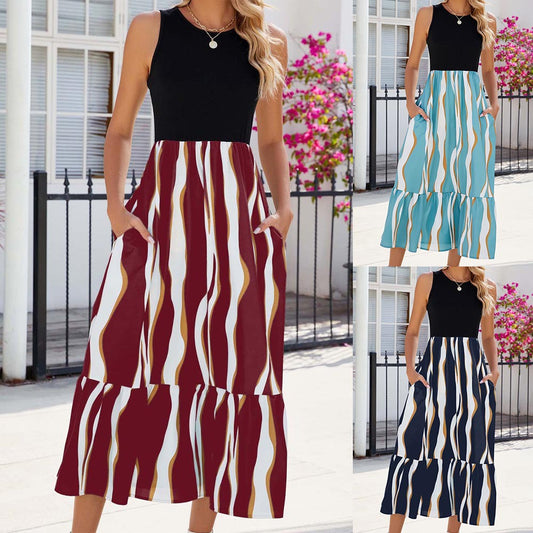 Sleeveless Long Dress-Fashion Striped Print