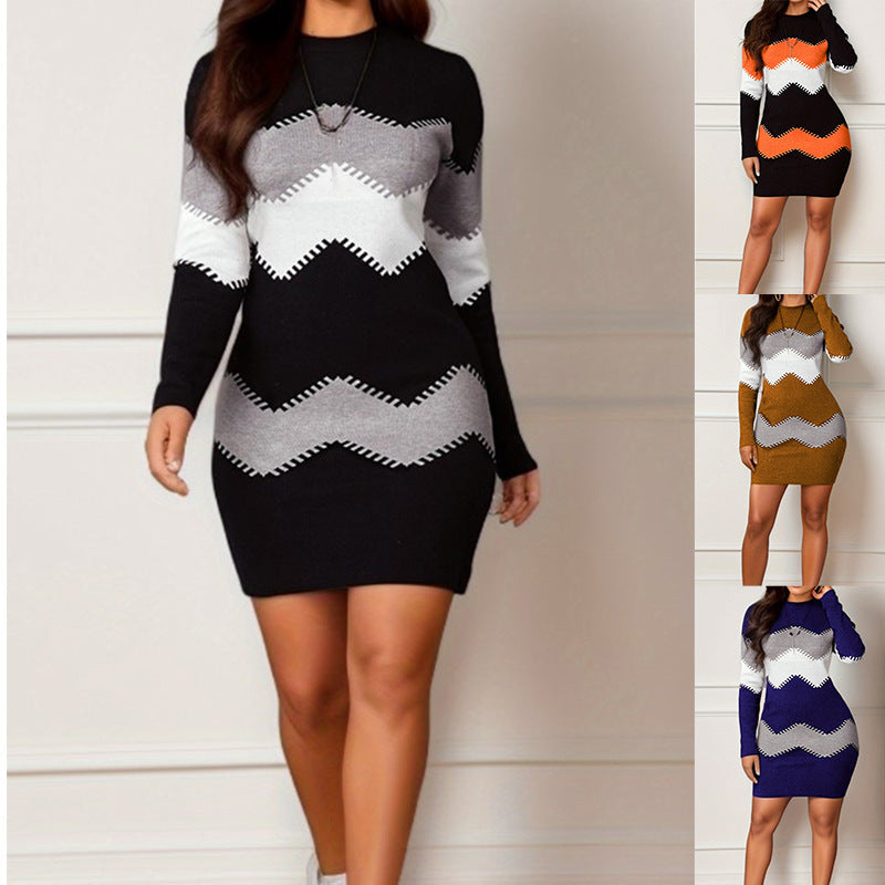 Long Sleeve Printed Knitted Sheath Dress