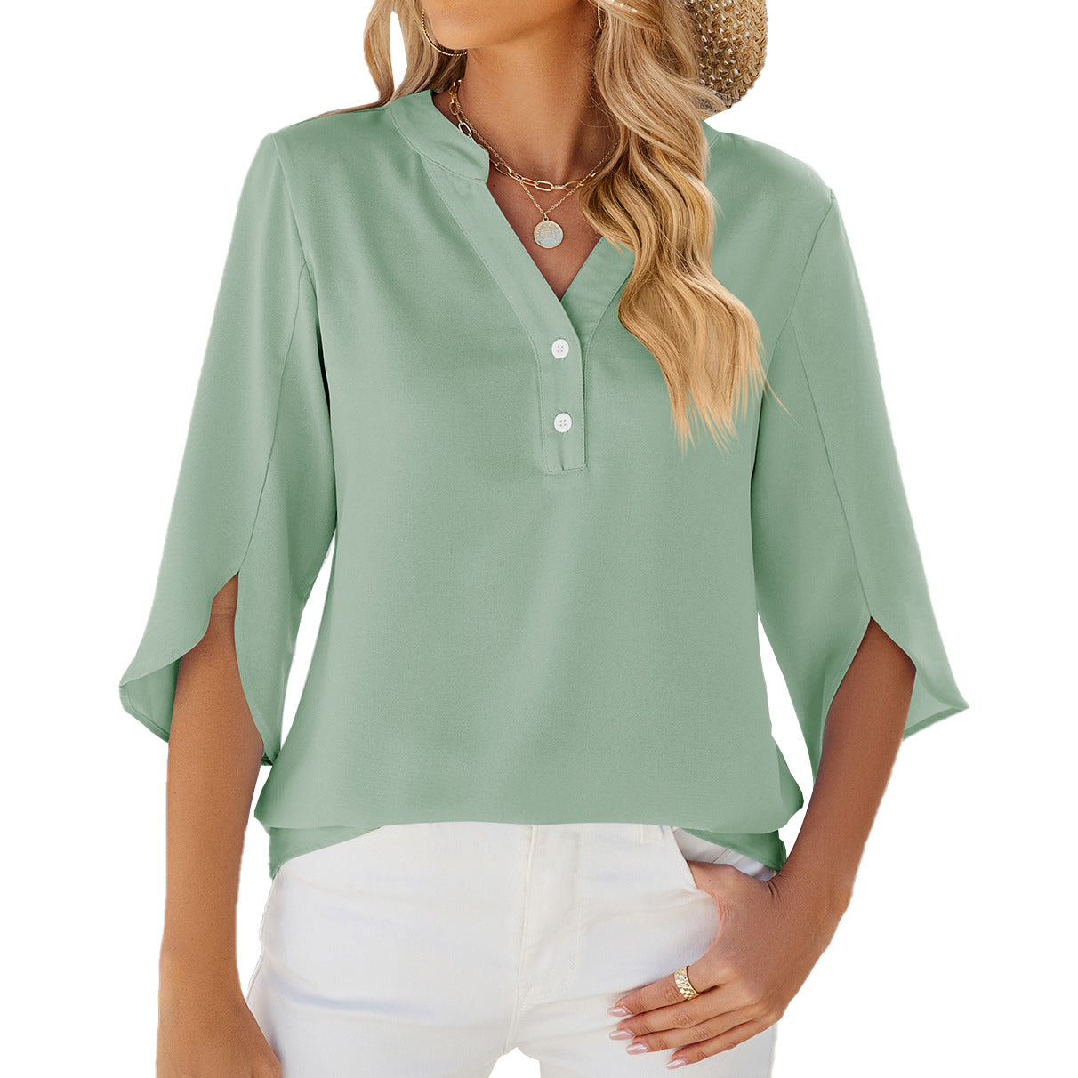 V-neck Button Mid-sleeve Chiffon Shirt Solid Color Top