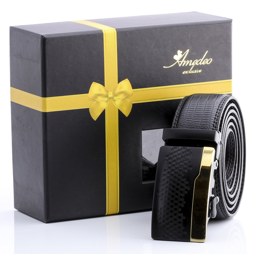 Men's Smart Ratchet No Holes Automatic Buckle Belt in Gold & Black